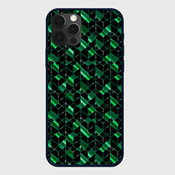 Чехол iPhone 12 Pro Геометрический узор, зеленые фигуры на черном