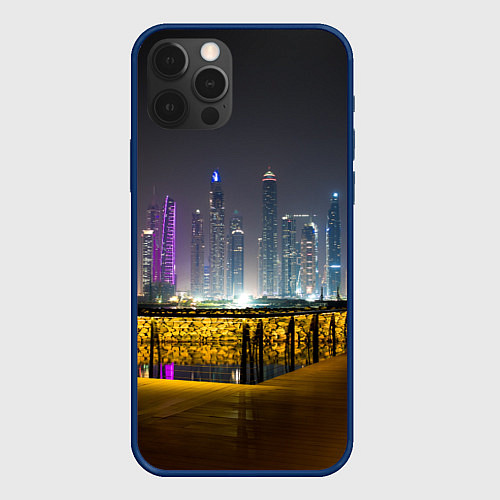 Чехол iPhone 12 Pro Неоновый ночной город и мост / 3D-Тёмно-синий – фото 1