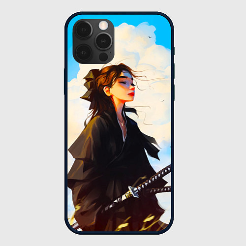 Чехол iPhone 12 Pro Девушка самурай и облака / 3D-Черный – фото 1