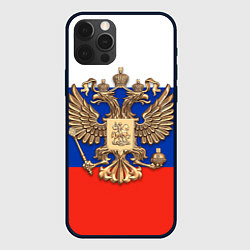 Чехол iPhone 12 Pro Герб России на фоне флага