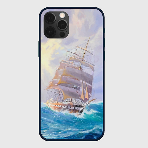Чехол iPhone 12 Pro Фрегат в штормовом океане / 3D-Черный – фото 1