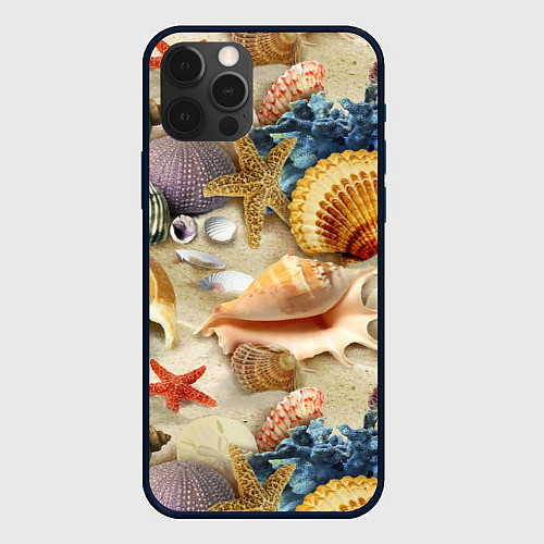 Чехол iPhone 12 Pro Морские раковины, кораллы, морские звёзды на песке / 3D-Черный – фото 1
