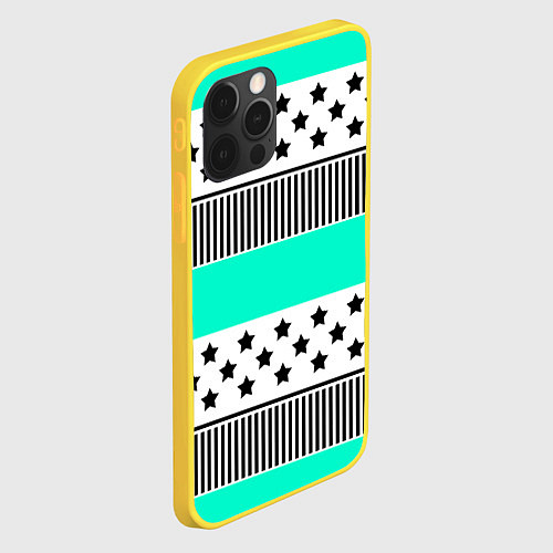 Чехол iPhone 12 Pro Комбинированный полосатый черно-голубой узор / 3D-Желтый – фото 2