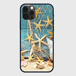 Чехол для iPhone 12 Pro Натюрморт из сети, морских звёзд и ракушек - лето, цвет: 3D-черный