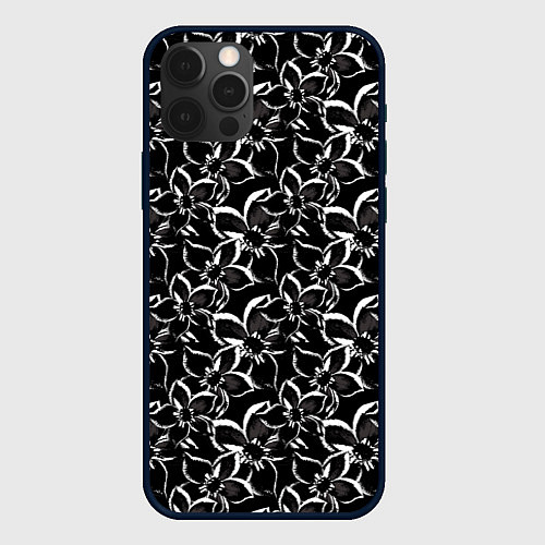 Чехол iPhone 12 Pro Черно-белый цветочный узор / 3D-Черный – фото 1