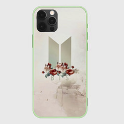 Чехол для iPhone 12 Pro BTS Logo And Flowers, цвет: 3D-салатовый
