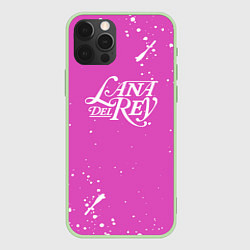 Чехол iPhone 12 Pro Lana Del Rey - на розовом фоне брызги
