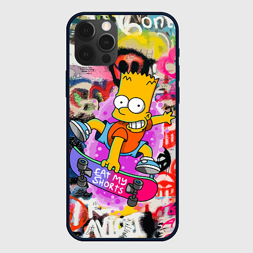 Чехол iPhone 12 Pro Скейтбордист Барт Симпсон на фоне стены с граффити / 3D-Черный – фото 1