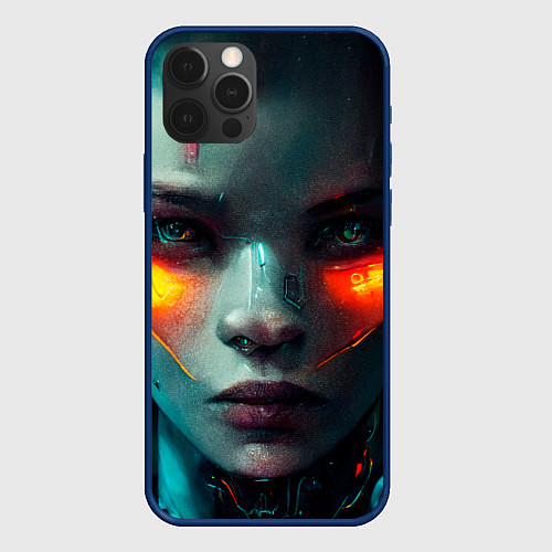 Чехол iPhone 12 Pro Лицо женщины - киборга / 3D-Тёмно-синий – фото 1