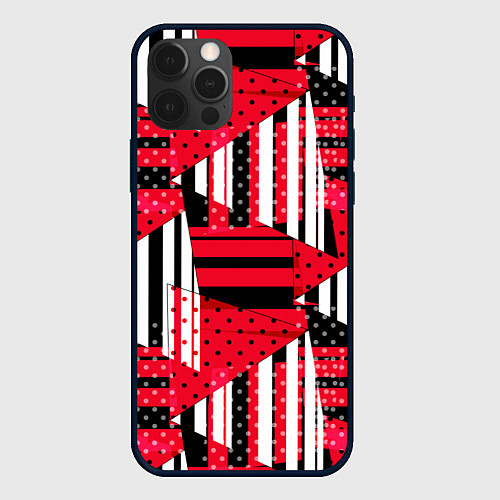 Чехол iPhone 12 Pro Красный, черный и белый горошек и полоска, пэчворк / 3D-Черный – фото 1
