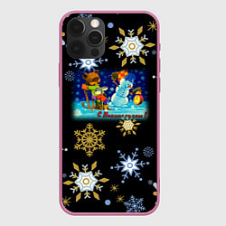 Чехол для iPhone 12 Pro Новый Год Зайчик и Мишка Соревнуются, цвет: 3D-малиновый