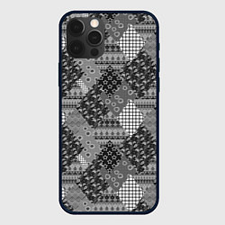 Чехол для iPhone 12 Pro Black and White Ethnic Patchwork Pattern, цвет: 3D-черный