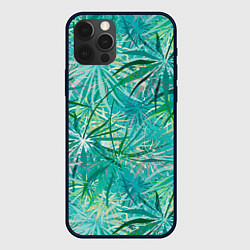 Чехол iPhone 12 Pro Тропические листья на зеленом фоне