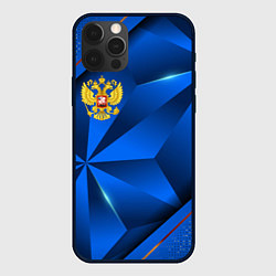Чехол iPhone 12 Pro Герб РФ на синем объемном фоне