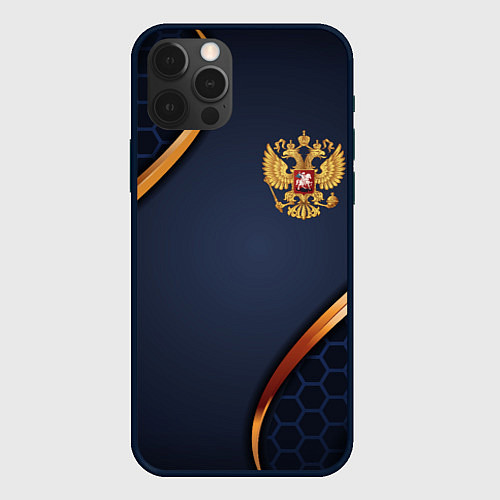 Чехол iPhone 12 Pro Blue & gold герб России / 3D-Черный – фото 1