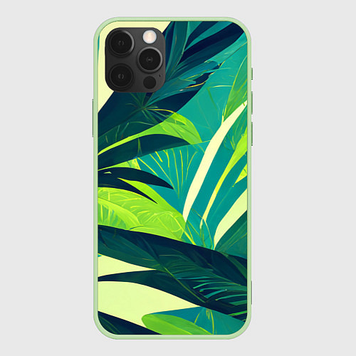 Чехол iPhone 12 Pro Яркие тропические листья пальмы / 3D-Салатовый – фото 1
