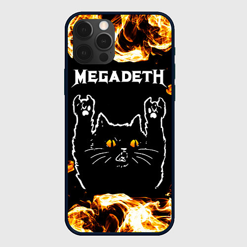 Чехол iPhone 12 Pro Megadeth рок кот и огонь / 3D-Черный – фото 1