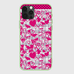 Чехол для iPhone 12 Pro Розовые черепа паттерн, цвет: 3D-салатовый