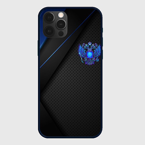 Чехол iPhone 12 Pro Черно-синий герб России / 3D-Черный – фото 1