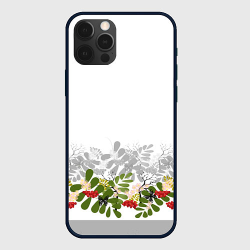 Чехол iPhone 12 Pro Веточки красной рябины с бабочками / 3D-Черный – фото 1