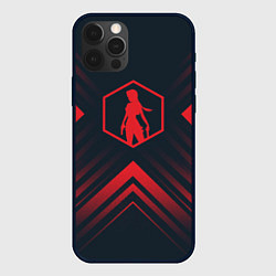 Чехол iPhone 12 Pro Красный символ Tomb Raider на темном фоне со стрел