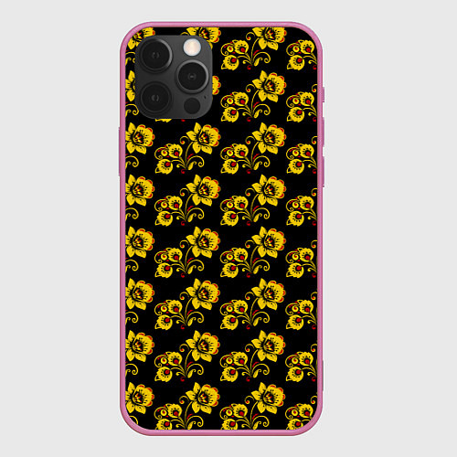 Чехол iPhone 12 Pro Хохломская роспись цветы на чёрном фоне / 3D-Малиновый – фото 1