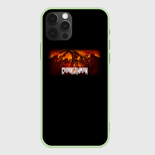 Чехол iPhone 12 Pro Человек-бензопила арт в стиле doom / 3D-Салатовый – фото 1