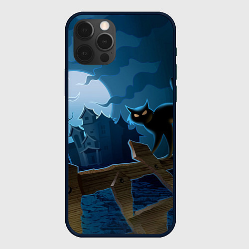 Чехол iPhone 12 Pro Хэллоуин - чёрный кот на заборе / 3D-Черный – фото 1