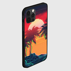 Чехол для iPhone 12 Pro Пальмы и пляж на закате с помехами VHS ретро дизай, цвет: 3D-черный — фото 2