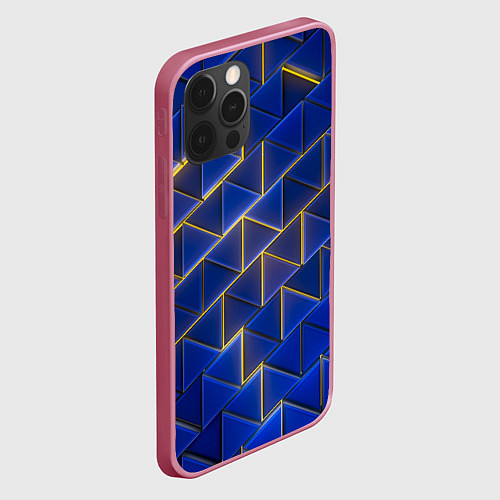 Чехол iPhone 12 Pro Синие треугольники и жёлтый свет / 3D-Малиновый – фото 2