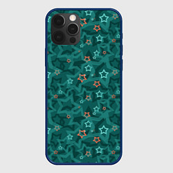 Чехол для iPhone 12 Pro Темный бирюзовый узор со звездами, цвет: 3D-тёмно-синий