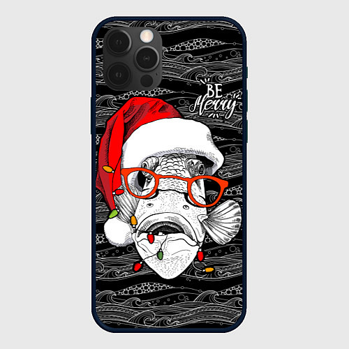 Чехол iPhone 12 Pro Be merry, fish, Santa Claus / 3D-Черный – фото 1