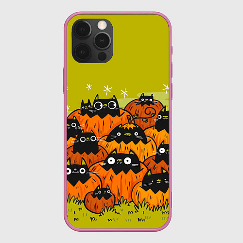 Чехол iPhone 12 Pro Хэллоуин - коты в тыквах / 3D-Малиновый – фото 1