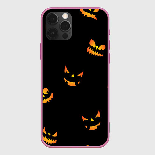 Чехол iPhone 12 Pro Halloween горящие тыквы / 3D-Малиновый – фото 1