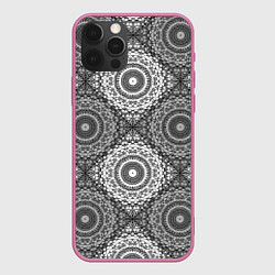 Чехол для iPhone 12 Pro Ажурный кружевной узор пэчворк Черно-белые квадрат, цвет: 3D-малиновый