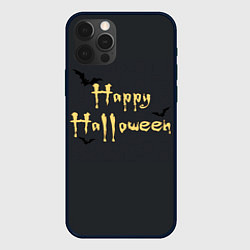 Чехол iPhone 12 Pro Happy Halloween надпись с летучими мышами