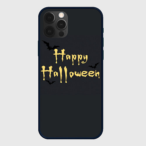 Чехол iPhone 12 Pro Happy Halloween надпись с летучими мышами / 3D-Черный – фото 1