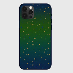 Чехол для iPhone 12 Pro Золотые, синие звезды на сине-зеленом градиенте, цвет: 3D-черный