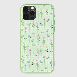 Чехол iPhone 12 Pro Акварельные растения на зеленой клетке
