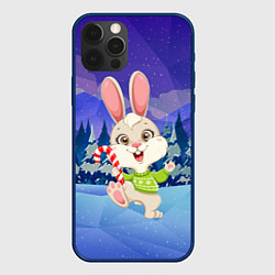 Чехол для iPhone 12 Pro Новогодний зайчик в лесу, цвет: 3D-тёмно-синий