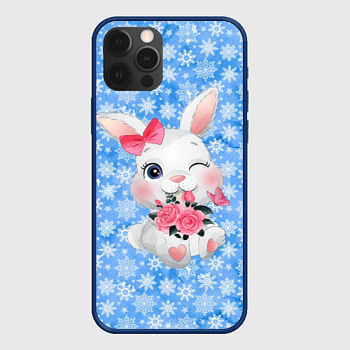 Чехол iPhone 12 Pro Зайка с цветами на фоне снежинок / 3D-Тёмно-синий – фото 1