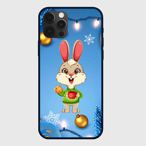 Чехол iPhone 12 Pro Новогодний зайчик с кофе / 3D-Черный – фото 1