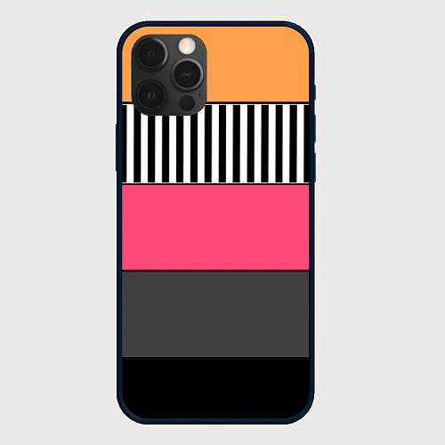 Чехол iPhone 12 Pro Полосатый узор желтые розовые черные полосы / 3D-Черный – фото 1
