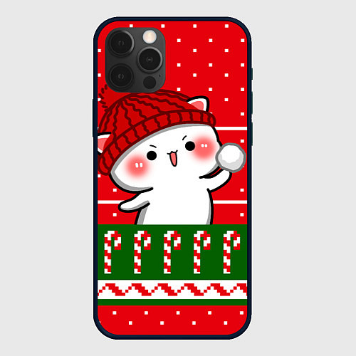 Чехол iPhone 12 Pro Белый котик - игра в снежки / 3D-Черный – фото 1