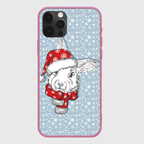 Чехол iPhone 12 Pro Новогодний кролик в шапочке / 3D-Малиновый – фото 1