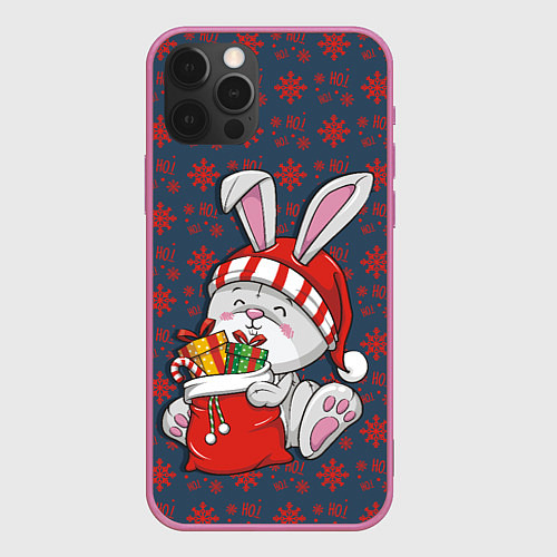 Чехол iPhone 12 Pro Кролик на фоне красных снежинок / 3D-Малиновый – фото 1