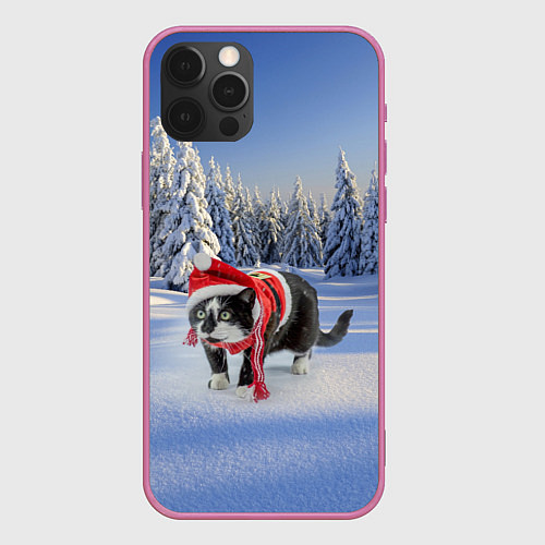 Чехол iPhone 12 Pro Ряженый котик в зимнем лесу / 3D-Малиновый – фото 1