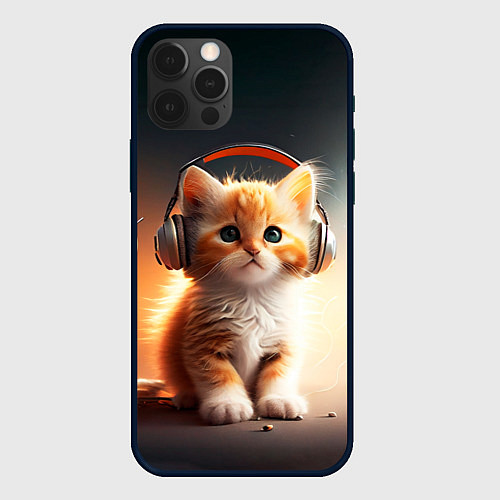 Чехол iPhone 12 Pro Милый рыжий котёнок в наушниках / 3D-Черный – фото 1