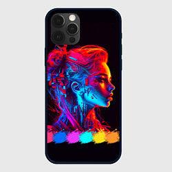 Чехол для iPhone 12 Pro Нейросеть - девушка киборг в неоновом свечении, цвет: 3D-черный