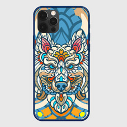 Чехол для iPhone 12 Pro Волк в узорах на нежном цветочном фоне, цвет: 3D-тёмно-синий